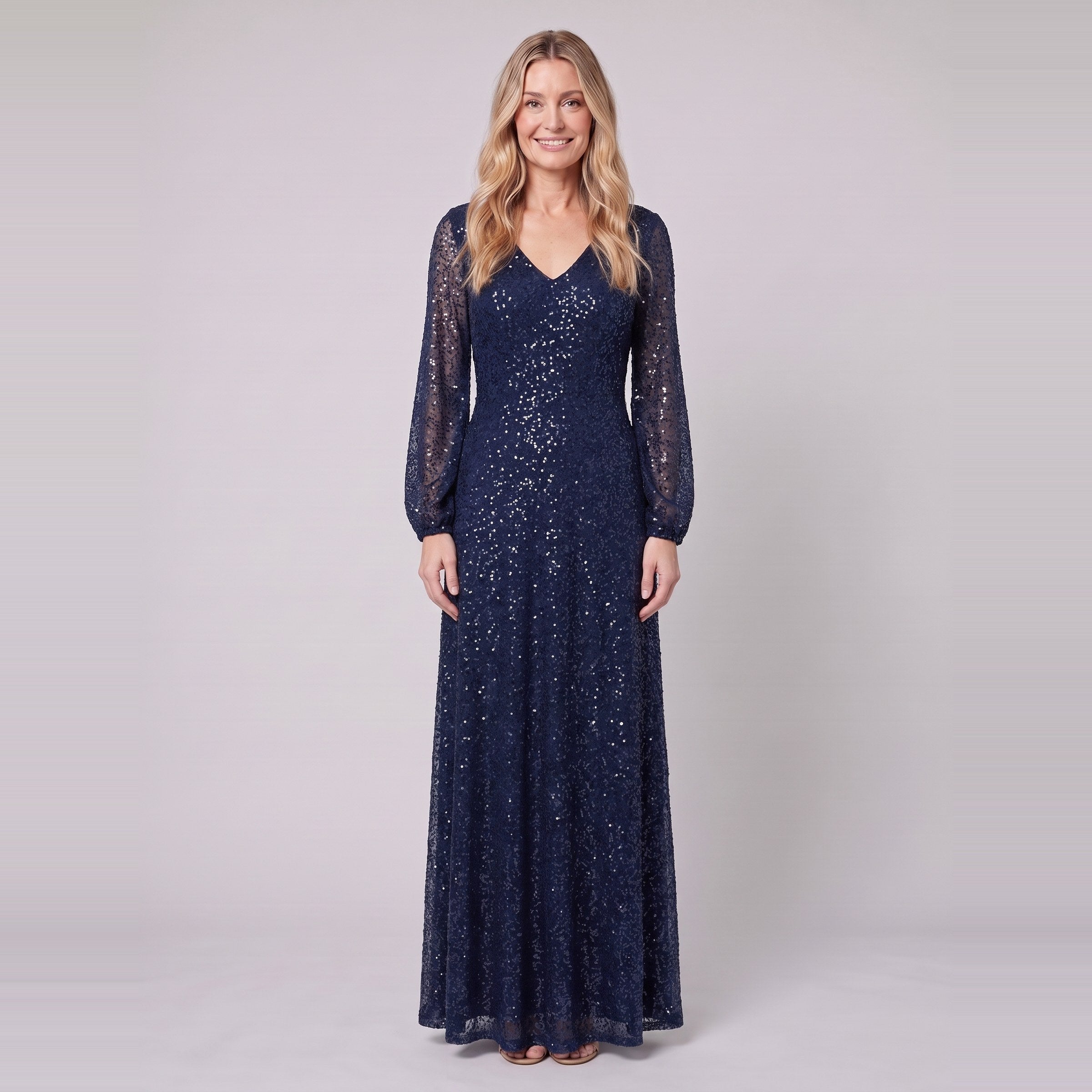 Rayven navy sequin floor-length A-line gown with lantern sleeves, front view