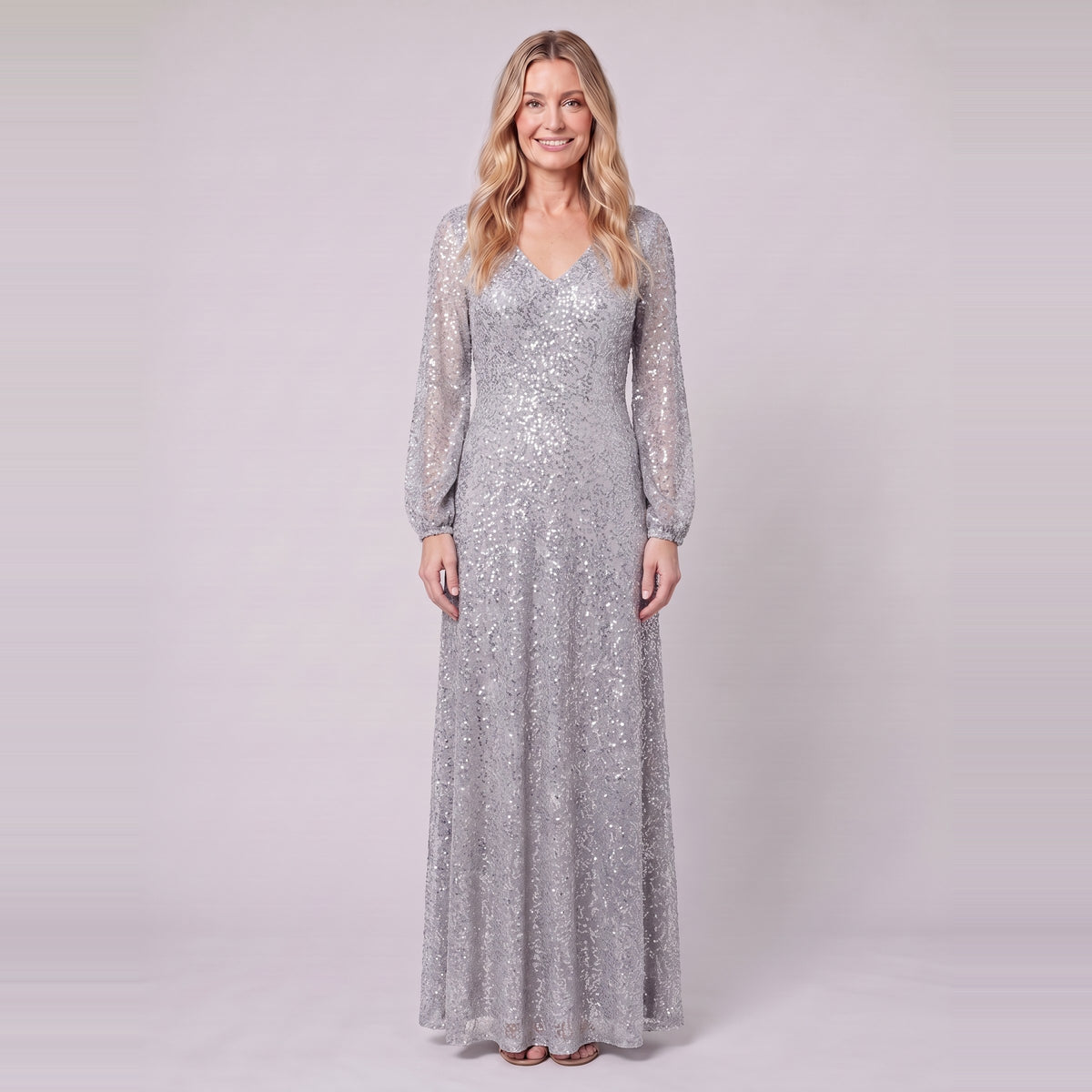 Rayven sequin evening gown in silver, front view