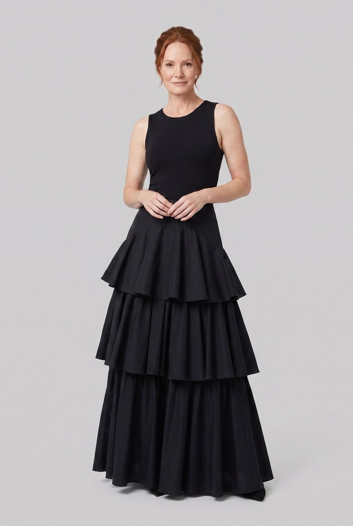 Black pleated tiered maxi skirt with elastic panels, view 1