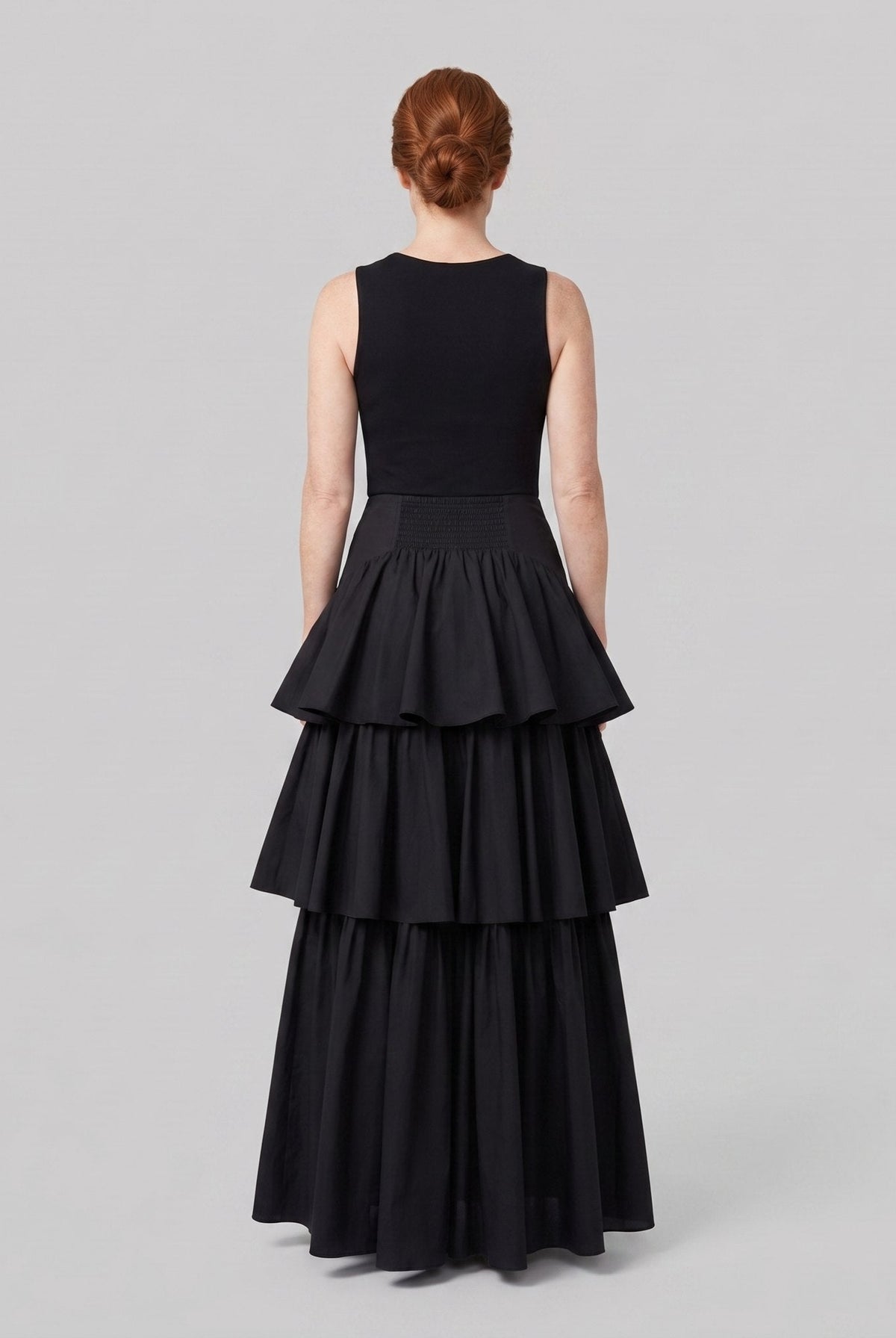 Black maxi skirt with elastic waist panels, view 4