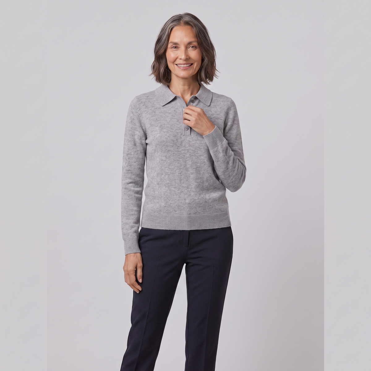 Light grey knitted polo top with short sleeves, view 4