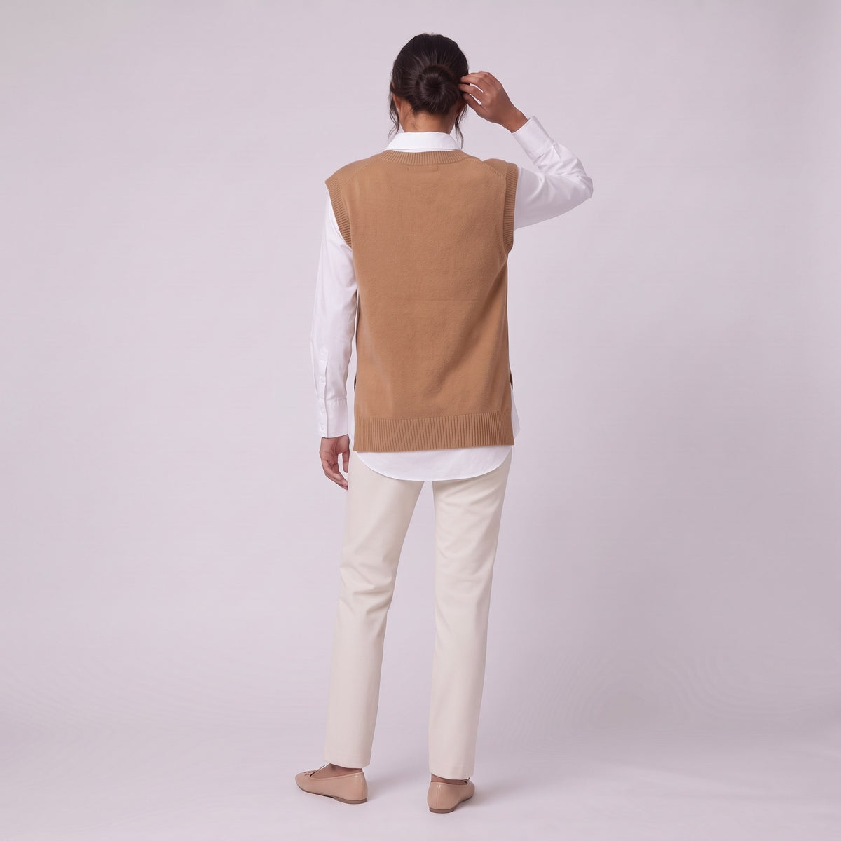 Roxane knit vest in camel brown, back view