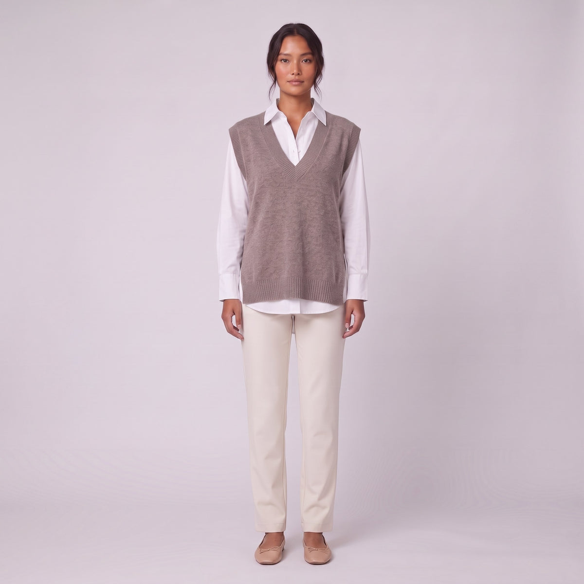 Roxane knit vest in cocoa mauve brown grey, front view on model