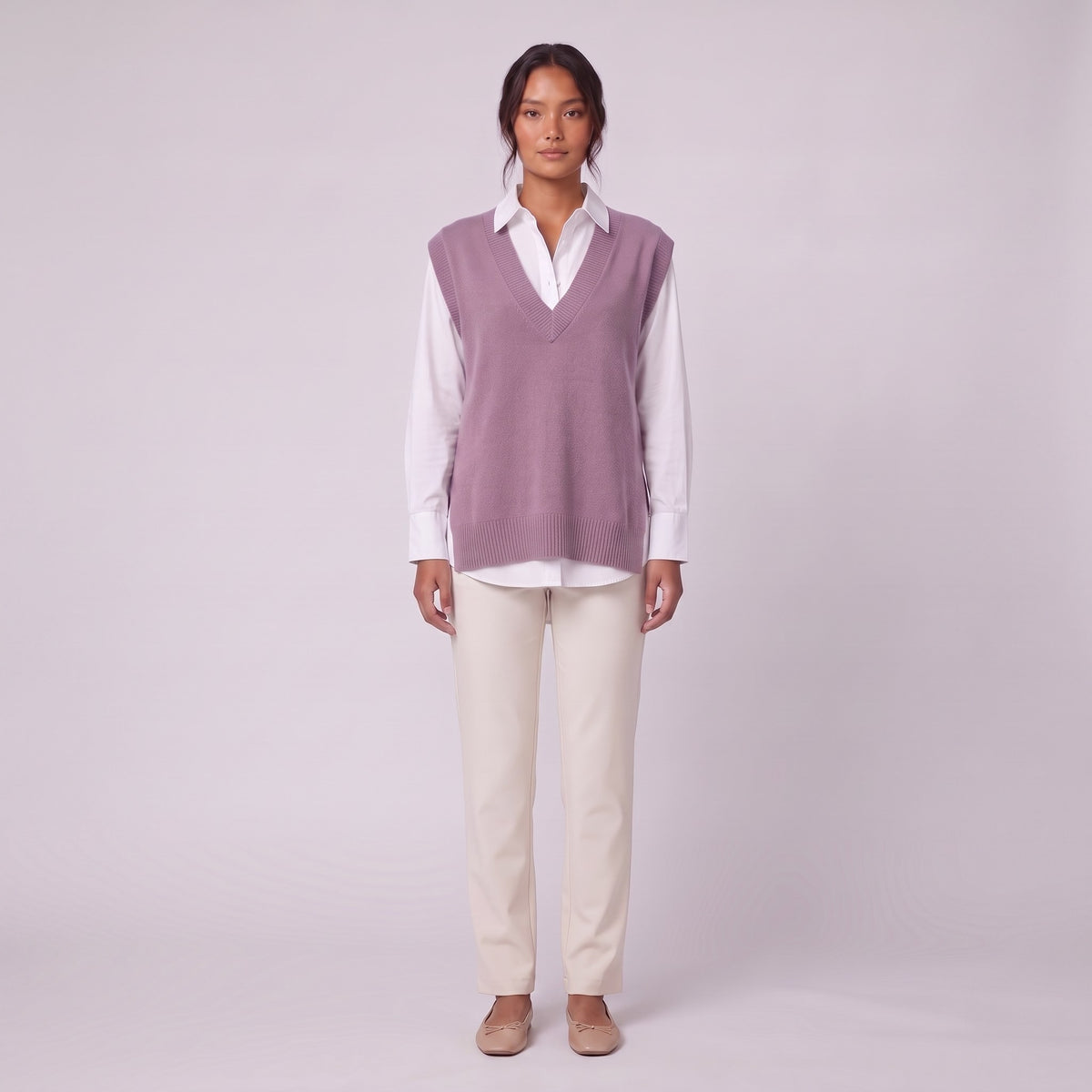 Roxane knit vest in lilac purple, front view on model