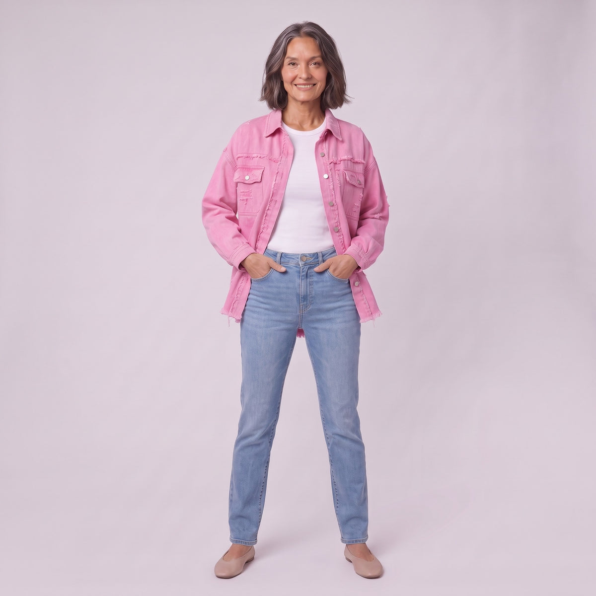 Saoirse denim shacket in pink, full front view on model