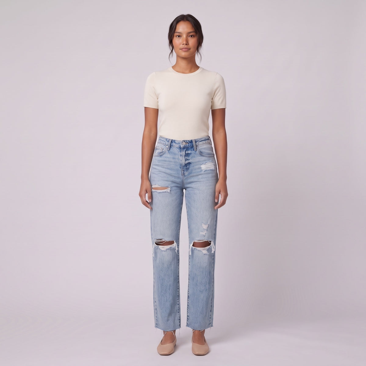 Savona distressed jeans in light wash, high-rise straight leg, front view on model