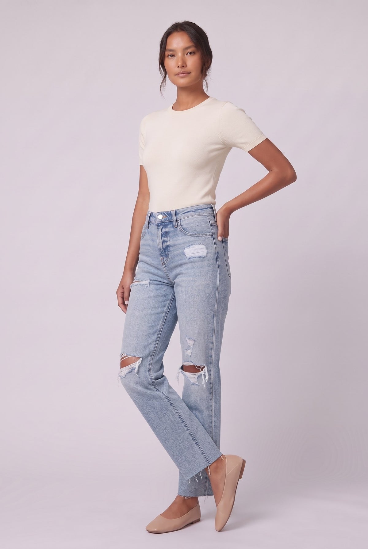Savona distressed jeans in light wash, three-quarter view showing straight leg