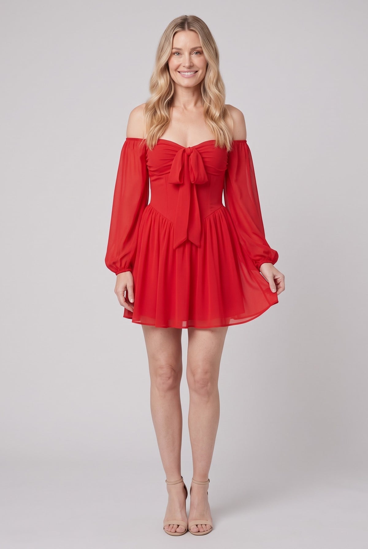 Scarlet Muse red off-shoulder mini dress with a bow bodice and pleated skirt, front view