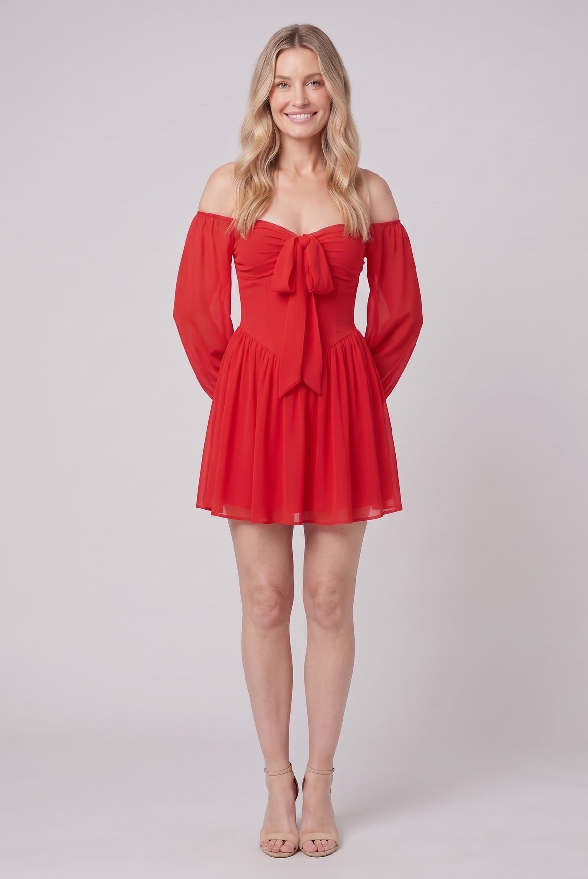Scarlet Muse red off-shoulder mini dress, standing view