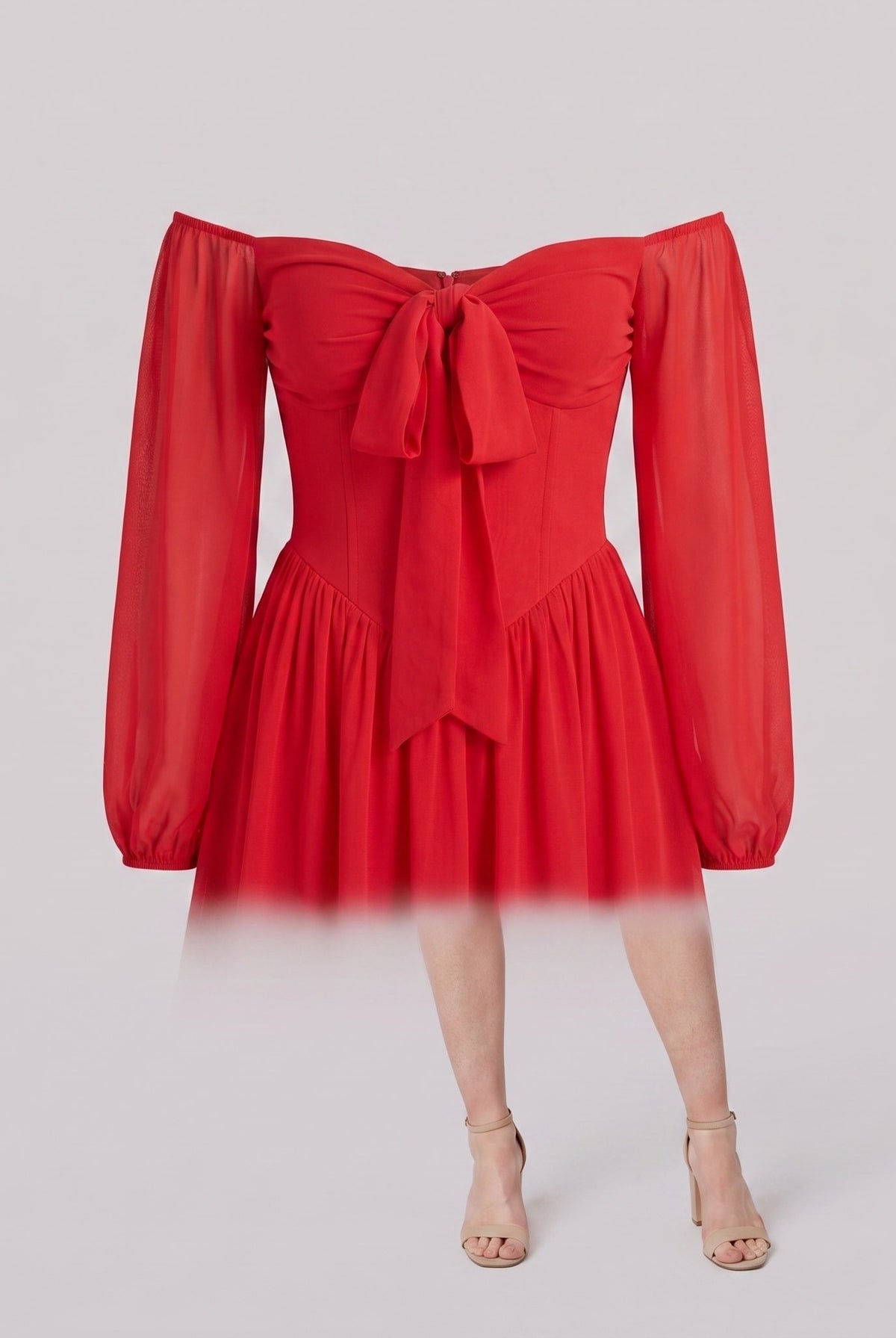 Scarlet Muse red mini dress shown without a model on a light grey background