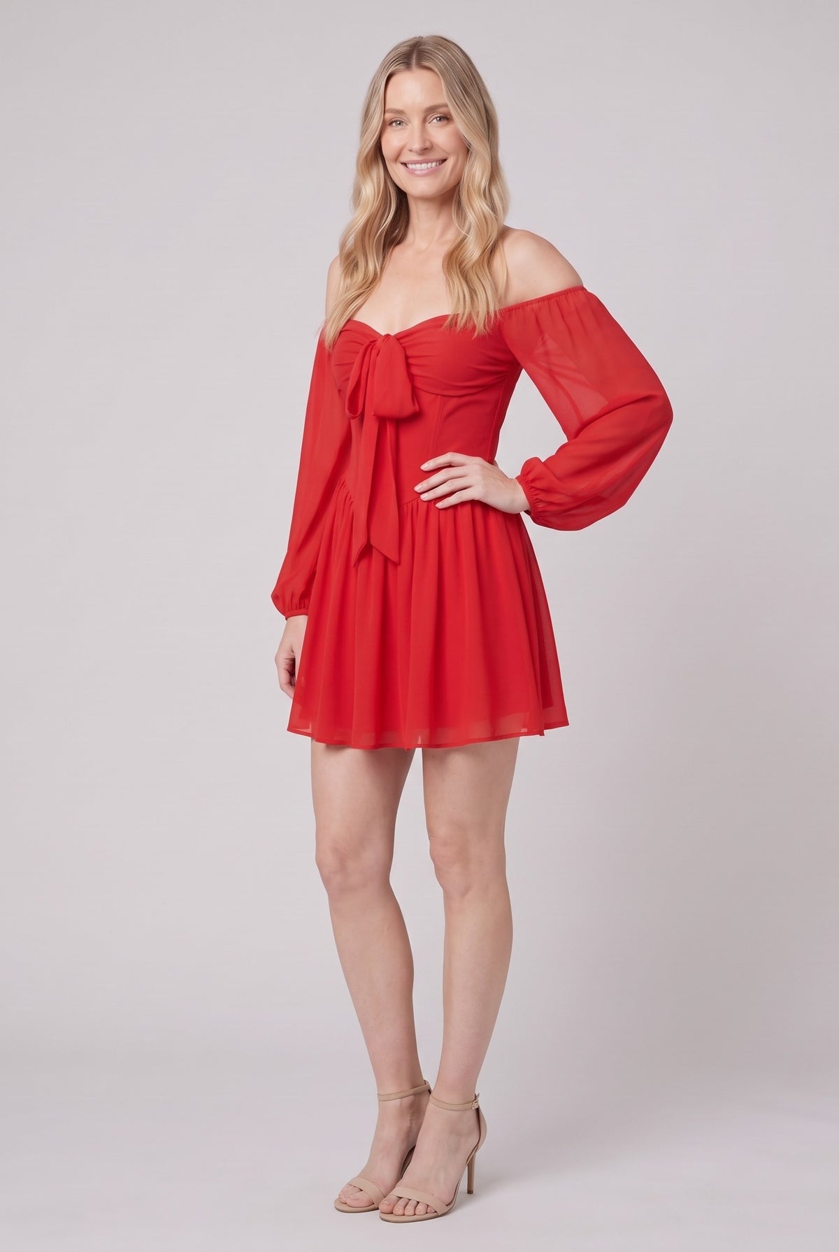 Scarlet Muse red mini dress, three-quarter view showing the balloon sleeves