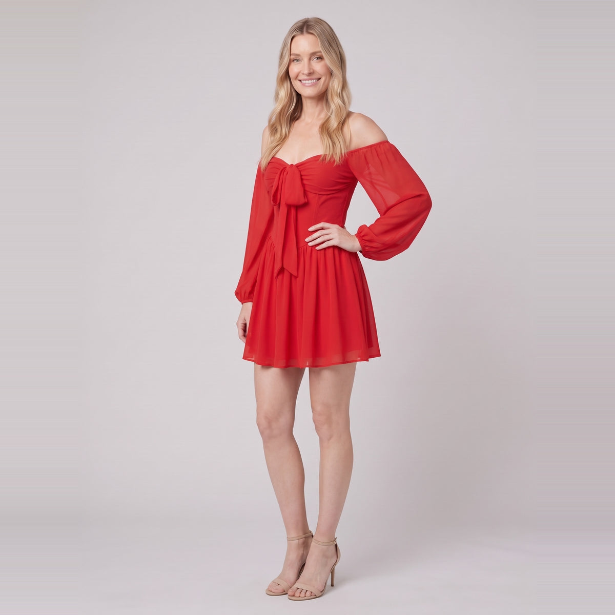 Scarlet Muse red mini dress, three-quarter view showing the balloon sleeves