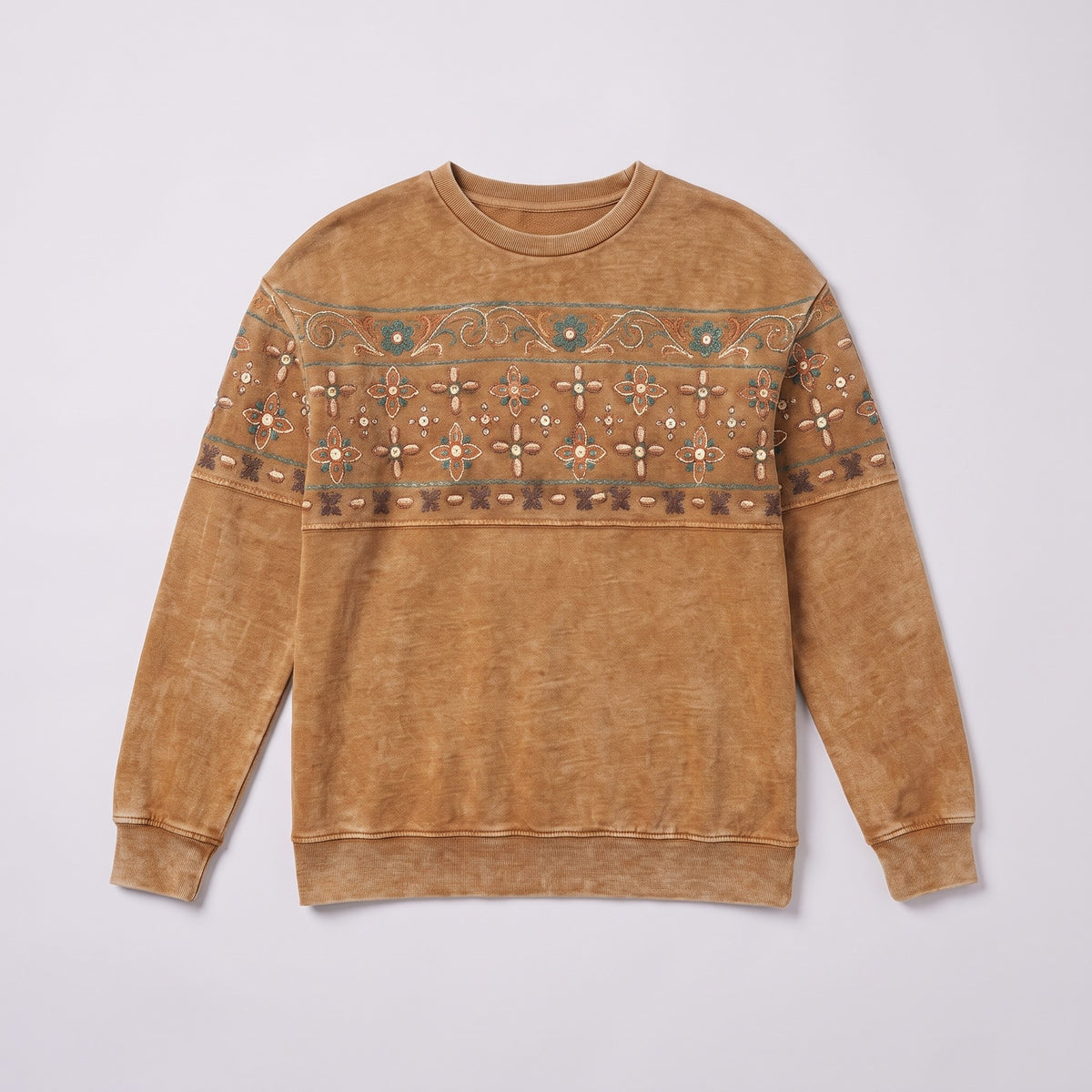 Sedona printed sweatshirt in caramel, flat lay showing the full folk border print