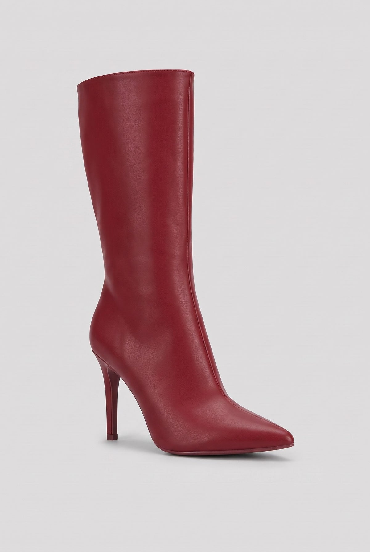 Sera mid-calf boot in deep red vegan leather with a pointed toe and stiletto heel