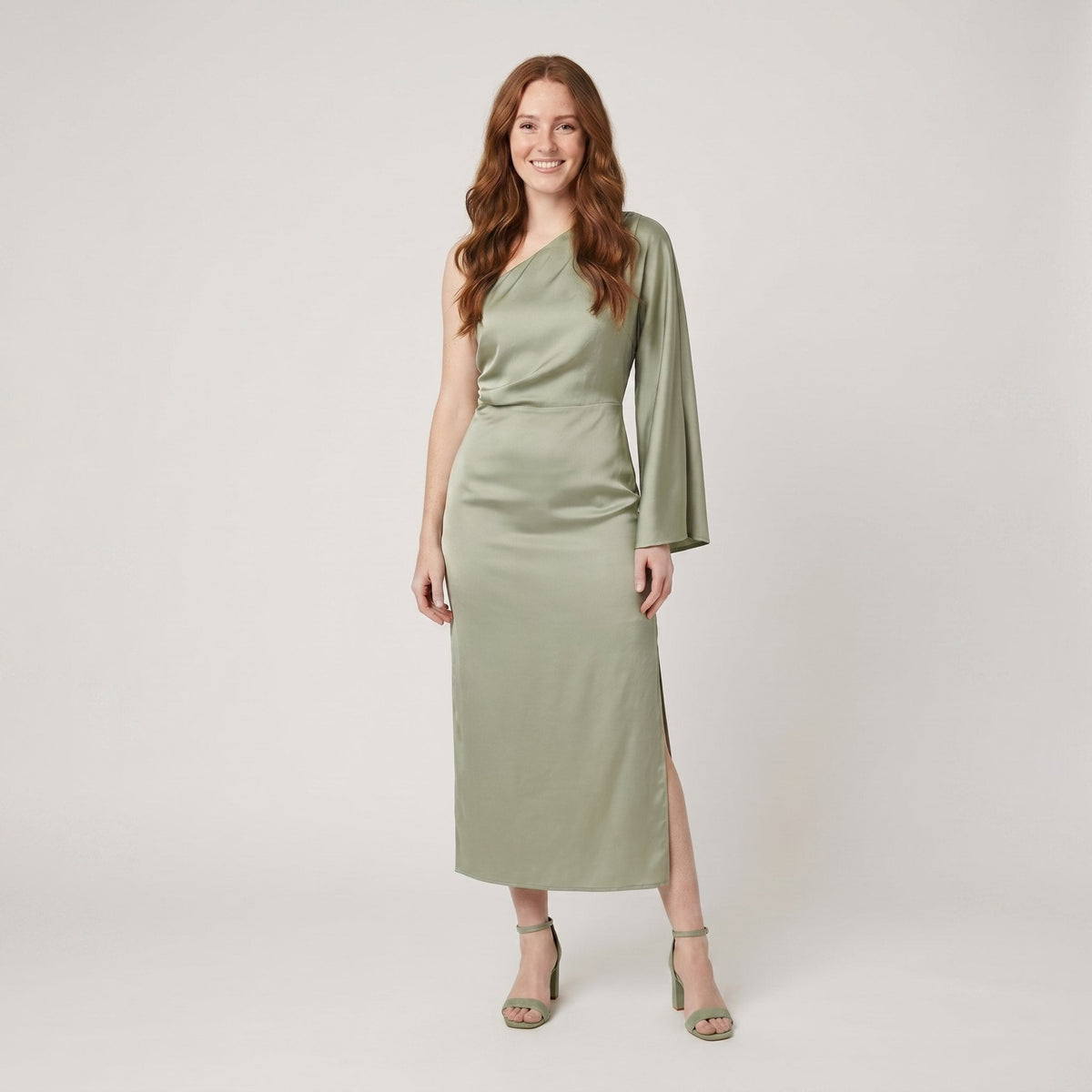 Satin one-shoulder midi dress with a single sleeve and slit at the leg, view 1