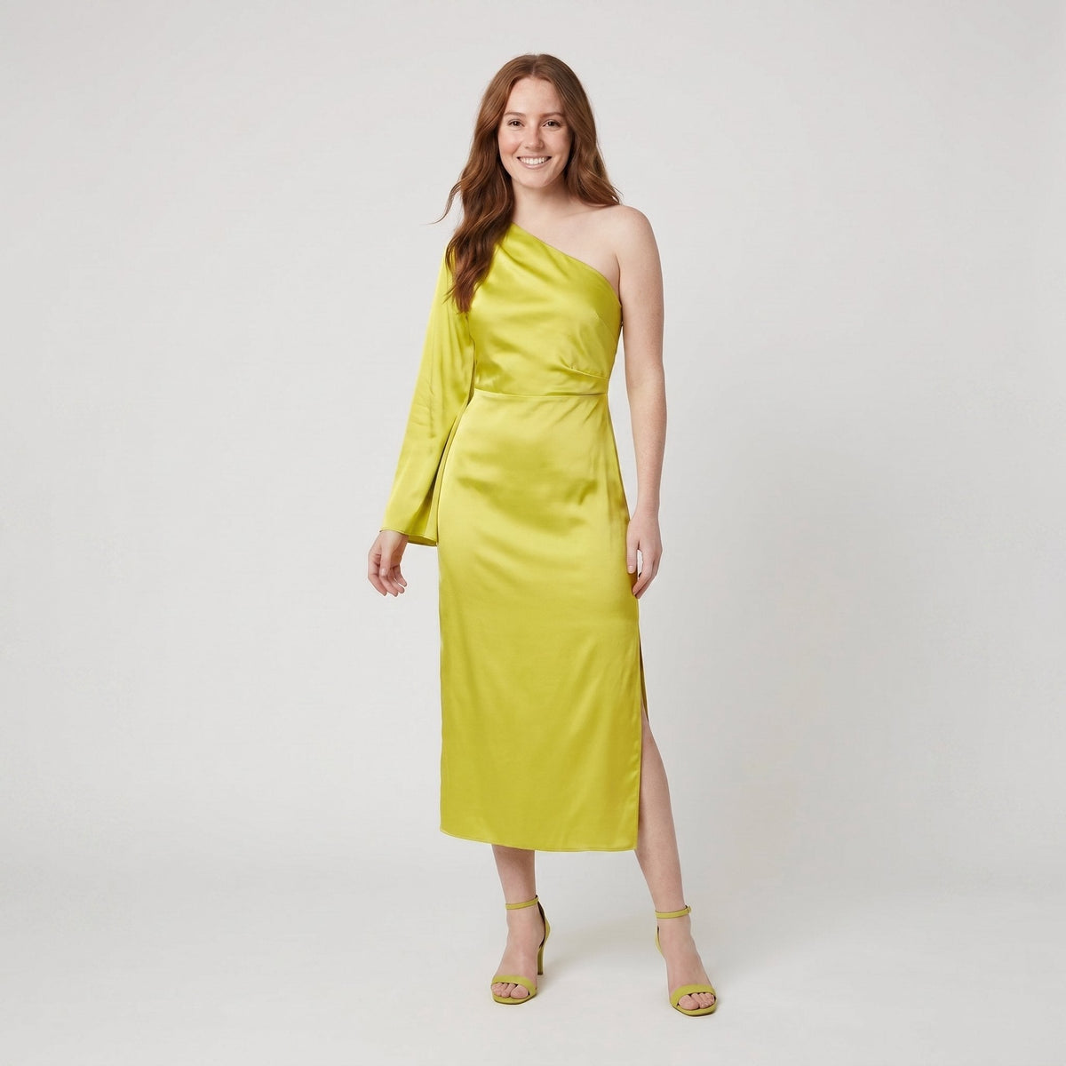 Satin one-shoulder midi dress, view 2