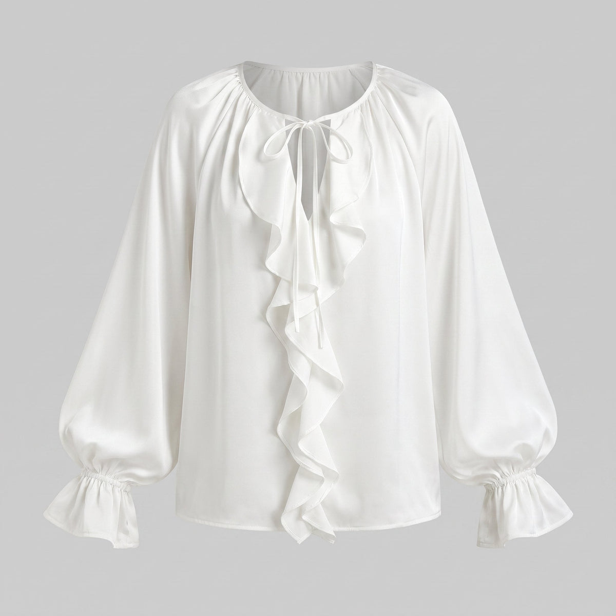 Ruffle trim on the silk blend blouse, view 6