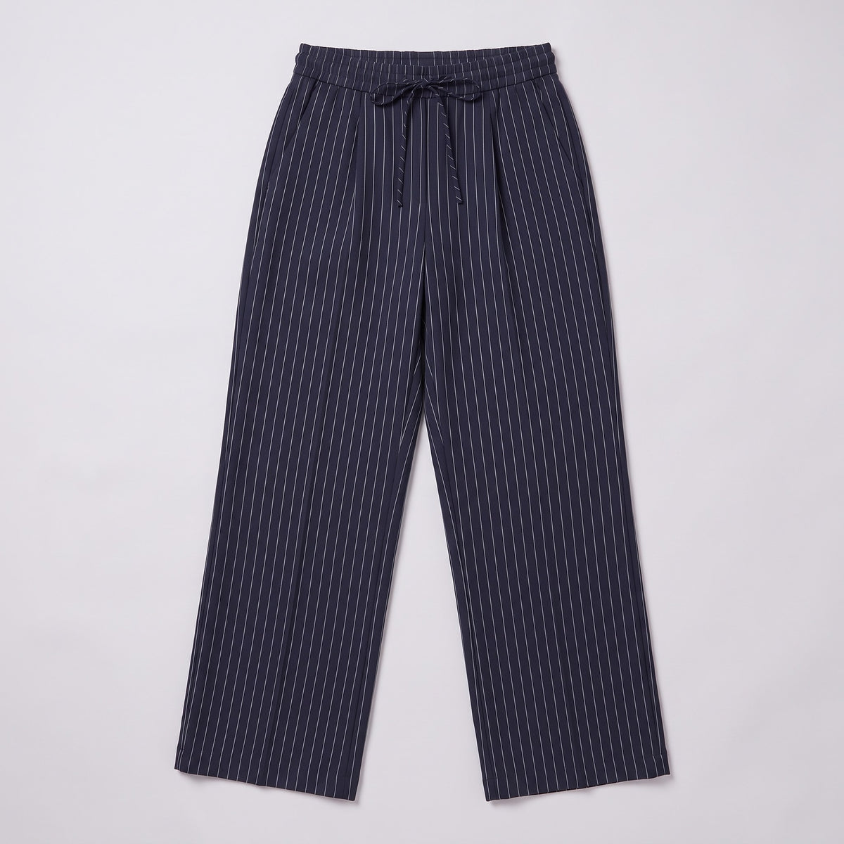 Sidony pinstripe wide leg trousers flat lay, full garment on light grey