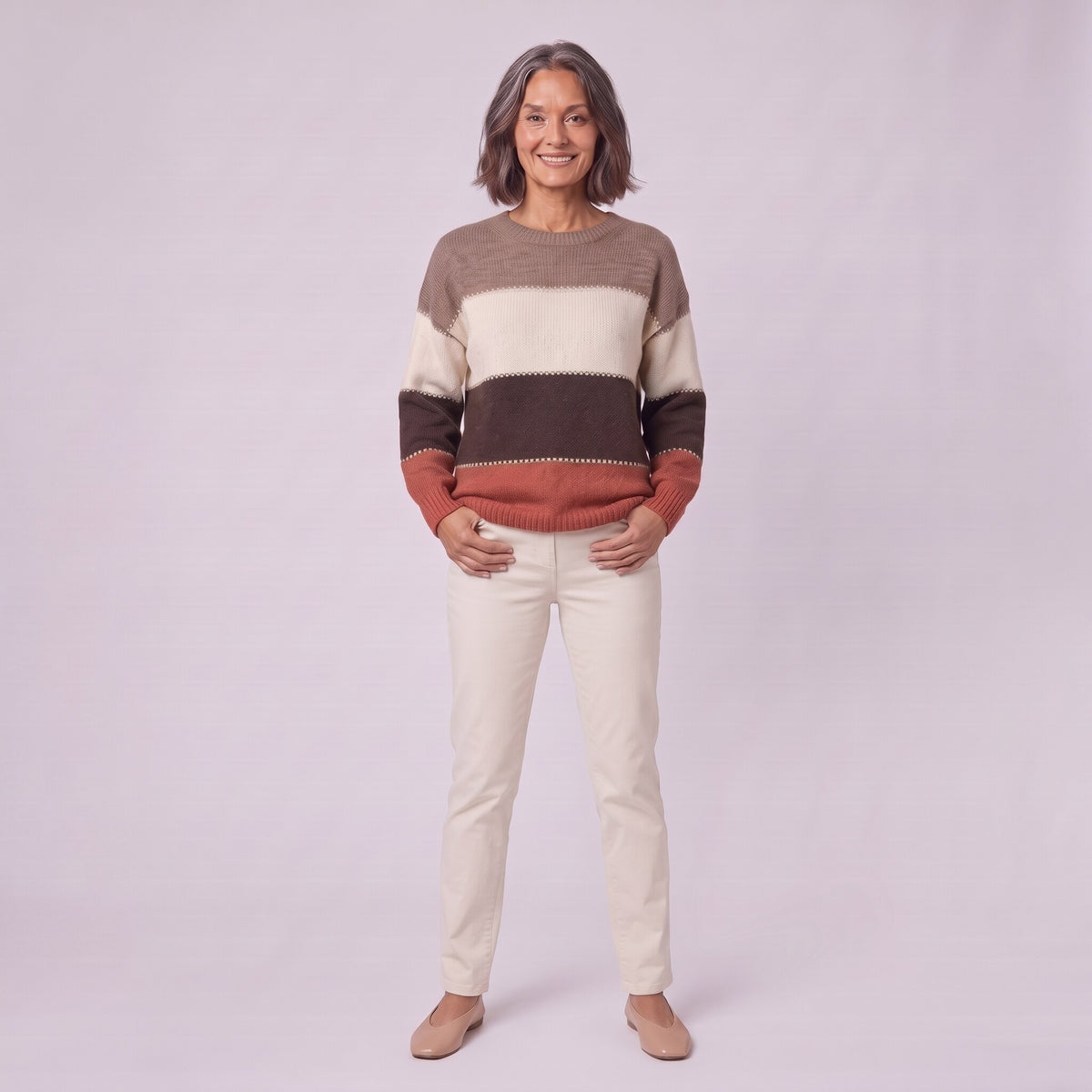 Sigrid colour block sweater, full length front view on model