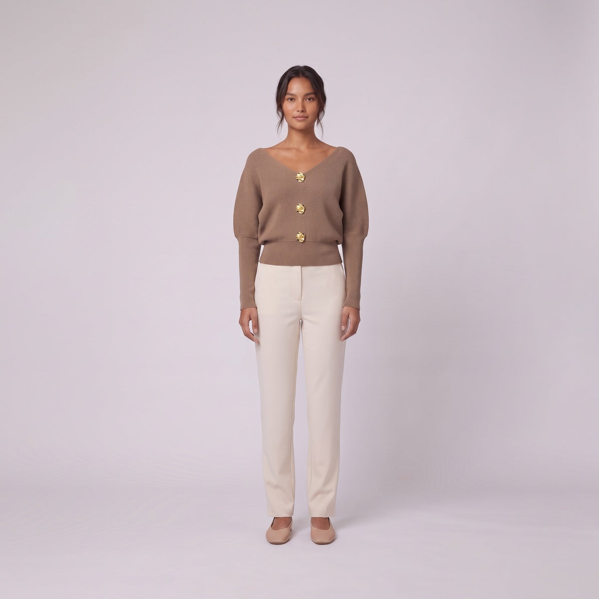 Solenne boat neck sweater with gold buttons in beige taupe, front view on model