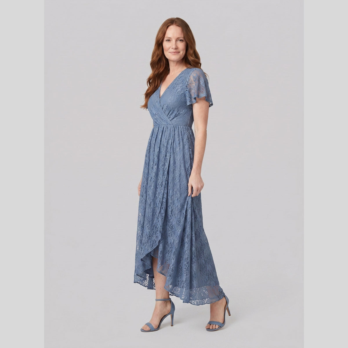 Lace gown with a pleated ruffle, V-neck and high-low hem, view 2
