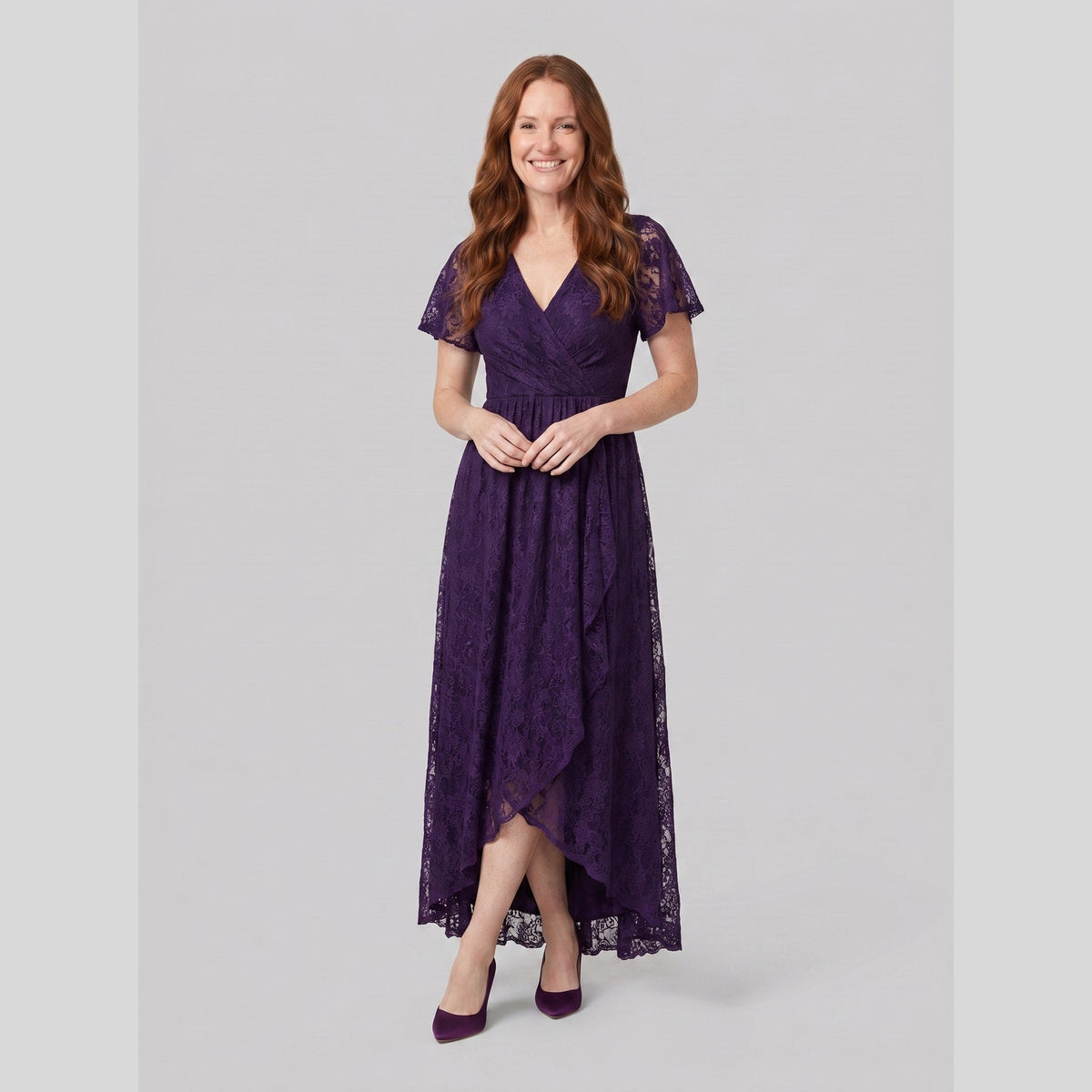 Lace gown with a pleated ruffle, V-neck and high-low hem, view 9