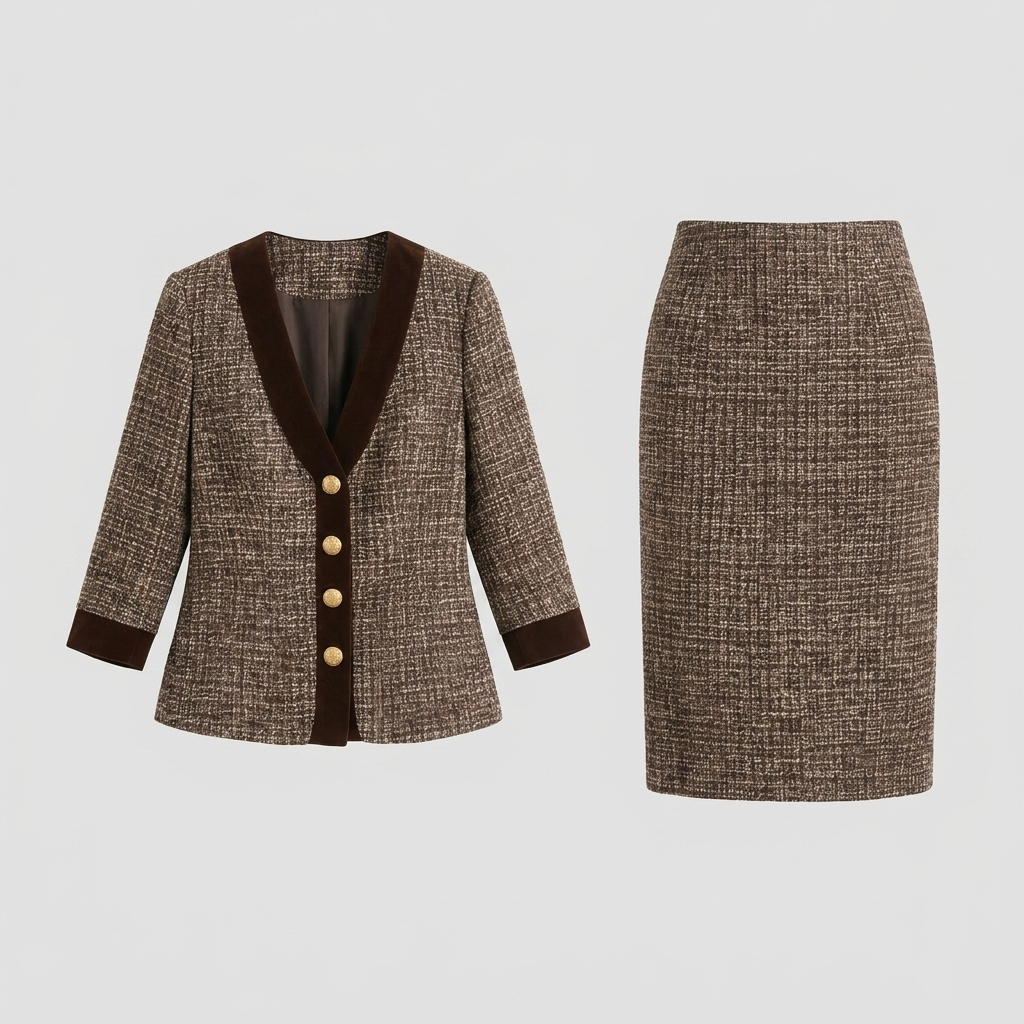 Brown tweed pencil skirt with velvet trim, view 4