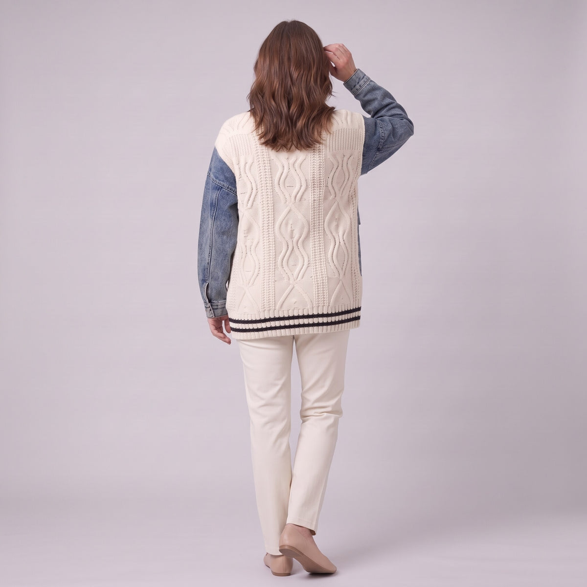 Tamsin denim sleeve cable knit cardigan in white, back view showing cable knit panel