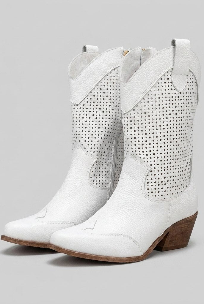 Mid-calf cowboy boots with a side zip, view 1