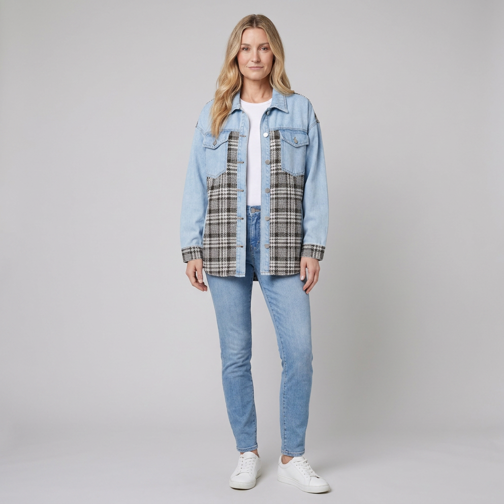 Denim jacket with a button front and checked detail, view 9