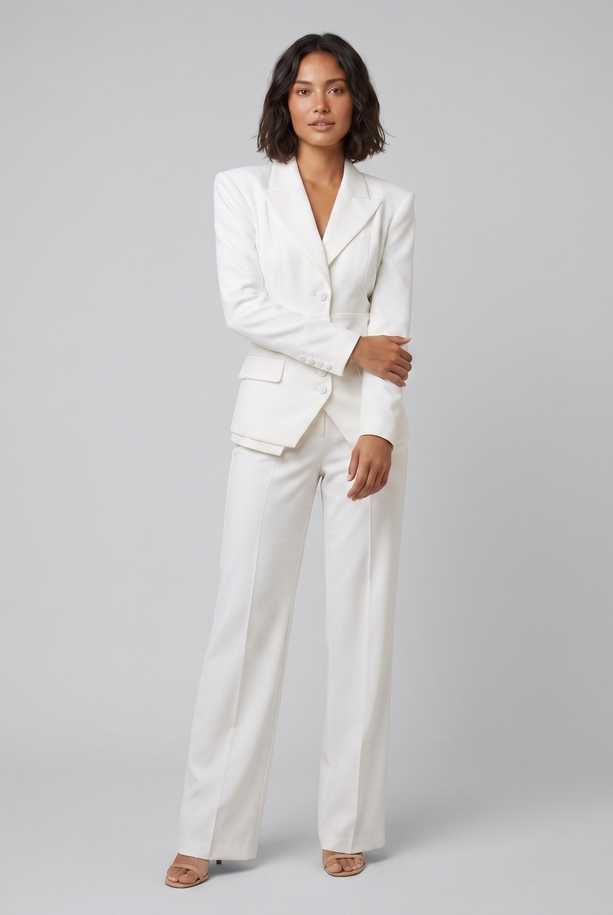White tailored suit with a peak lapel blazer and wide-leg trousers, view 5