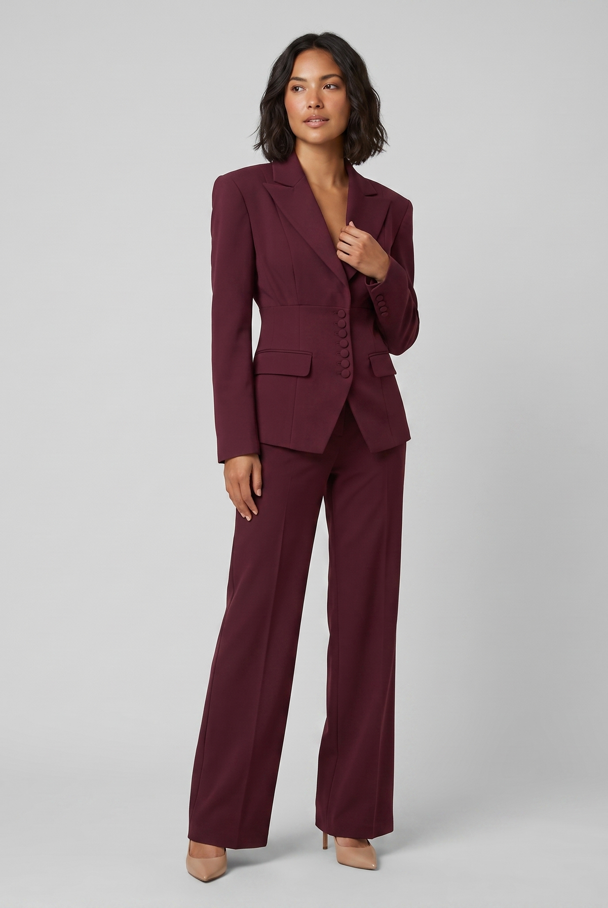 Wine red tailored suit with a peak lapel blazer and wide-leg trousers, view 6
