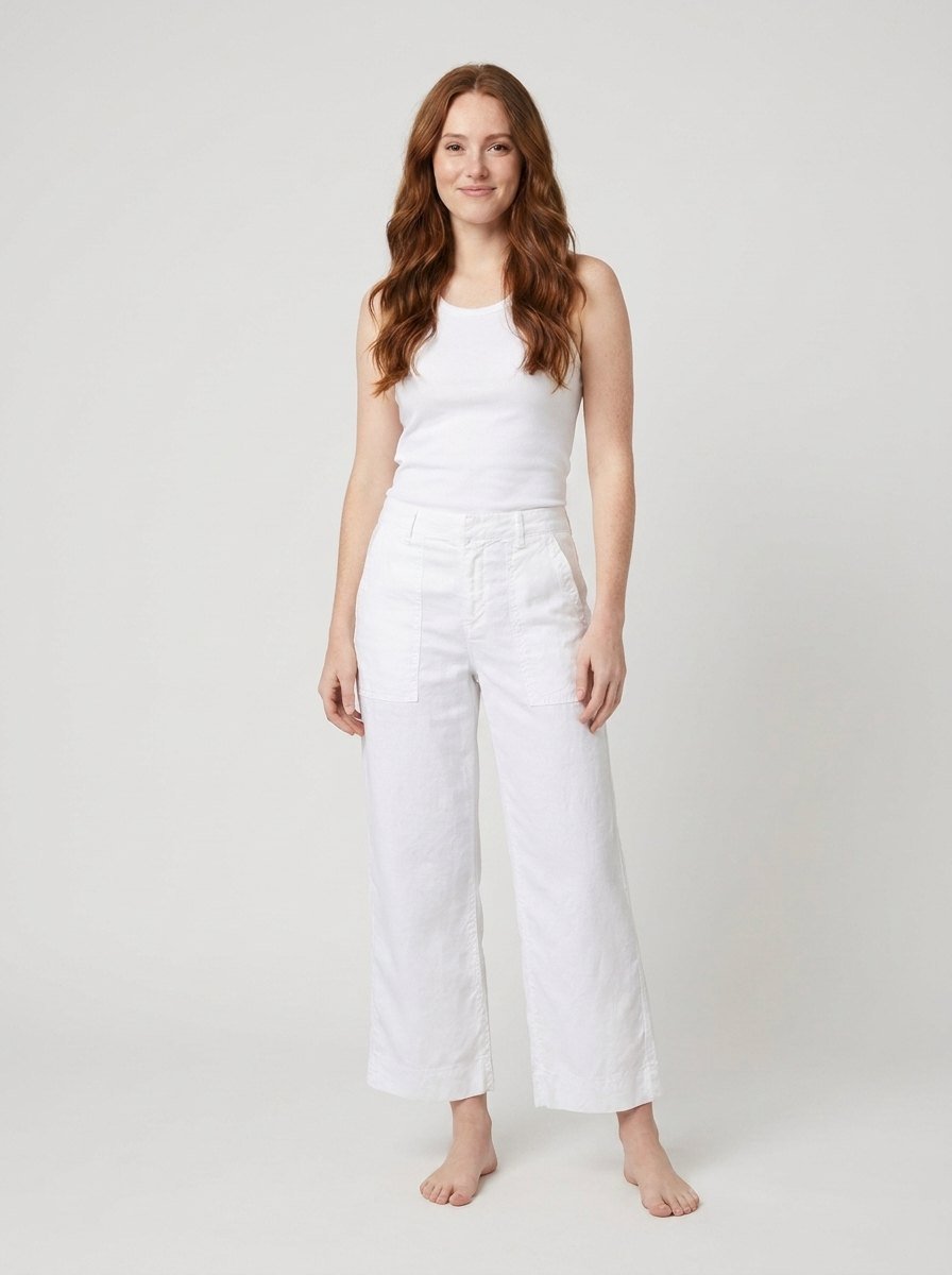 White wide-leg linen-blend trousers with a flat contour waistband, view 1