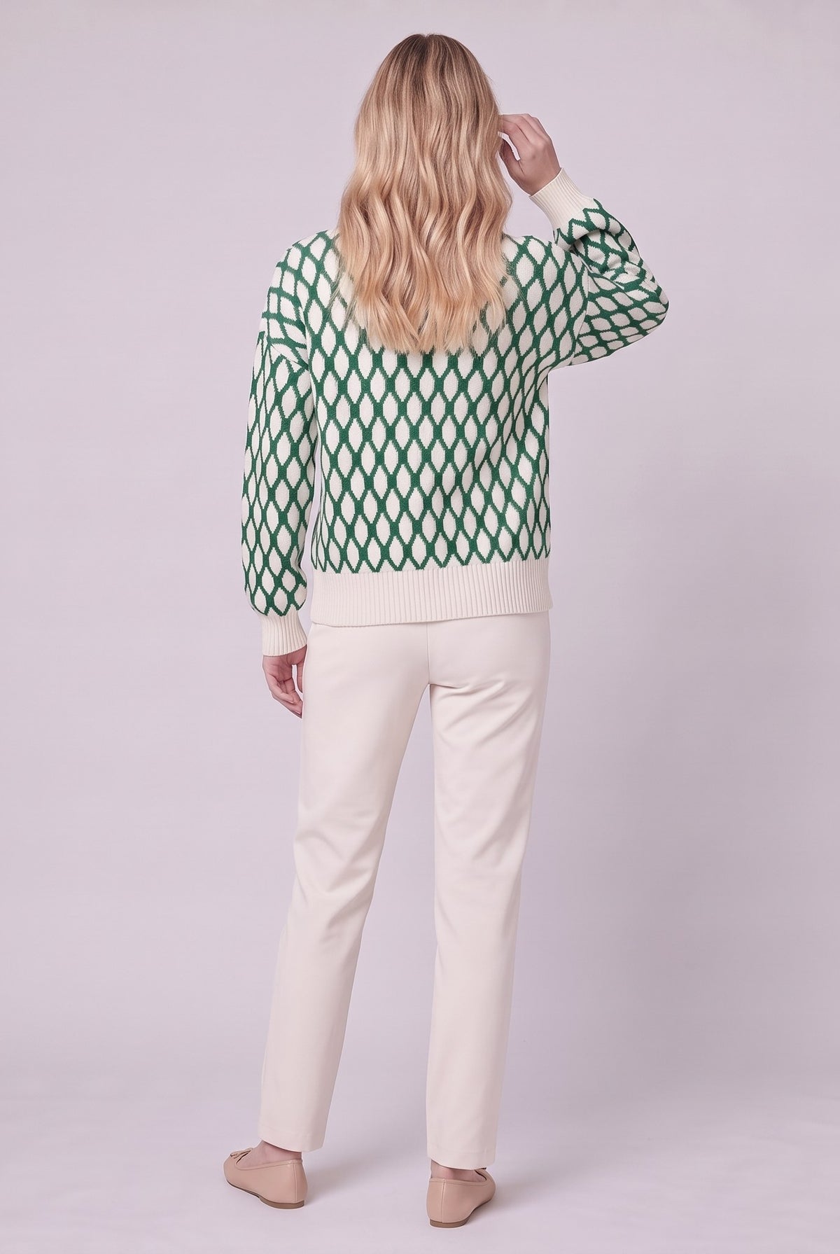 Zinnia lattice knit sweater in emerald green, back view showing the lattice pattern
