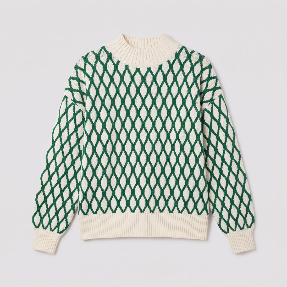 Zinnia lattice knit sweater in emerald green, flat lay of the mock neck sweater
