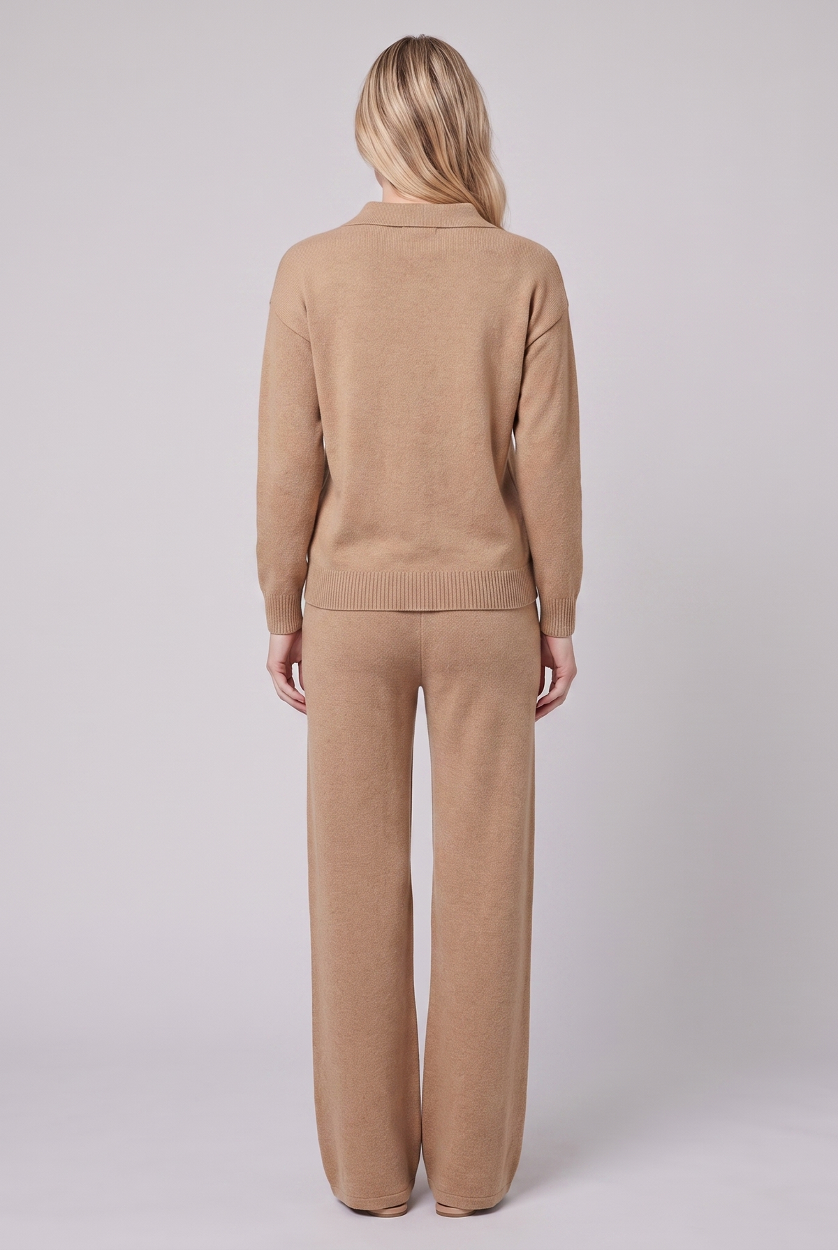 Pamina polo knit set in camel, back view on model