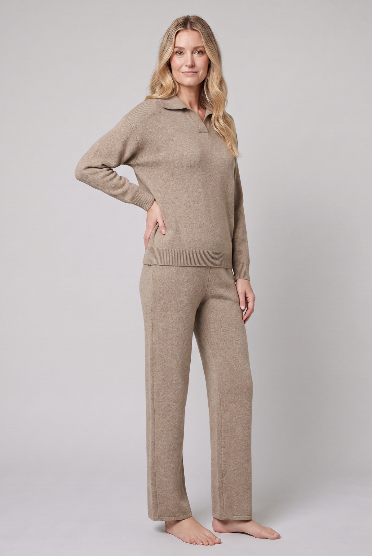Pamina polo knit set in camel, front view on model