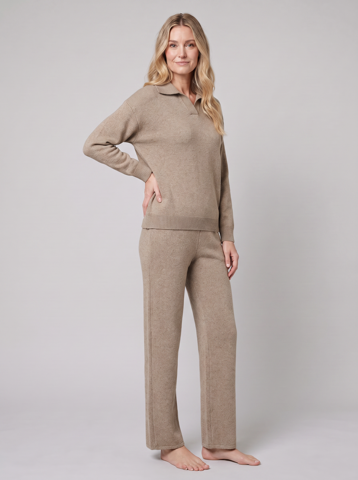 Pamina polo knit set in camel, front view on model