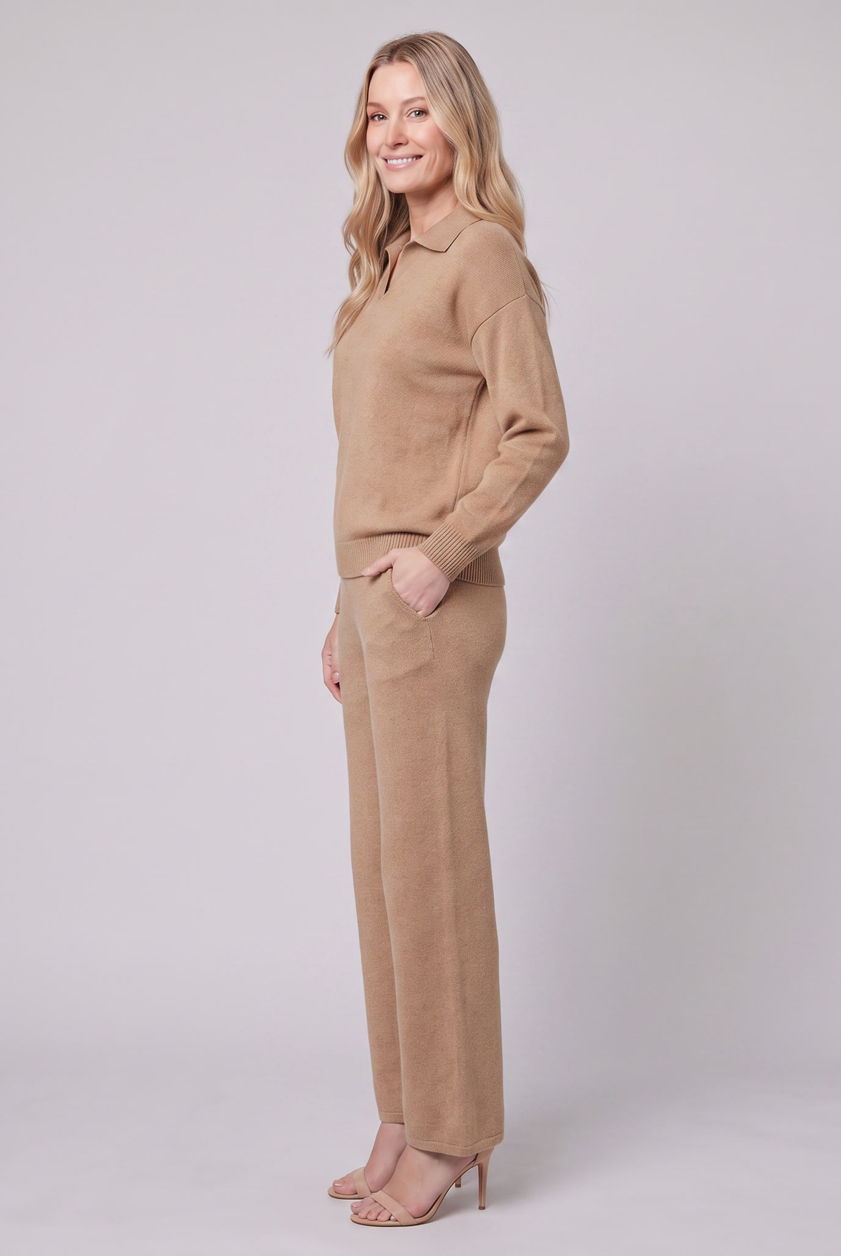 Pamina polo knit set in camel, side view on model