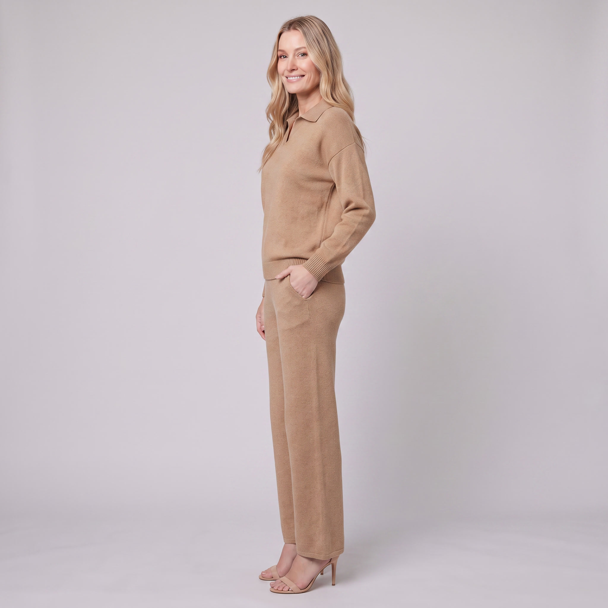 Pamina polo knit set in camel, side view on model