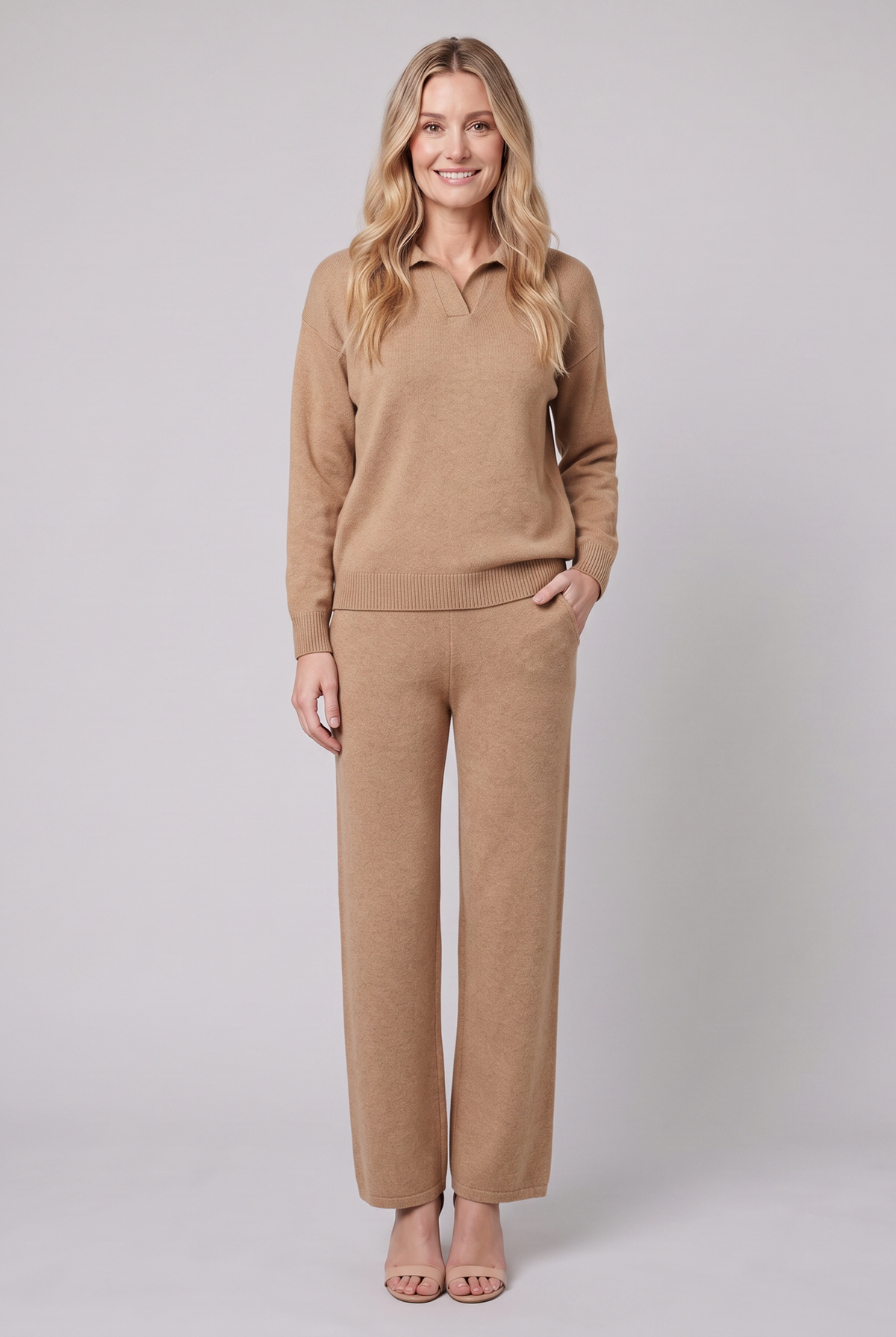Pamina polo knit sweater and wide-leg trouser set in camel on model