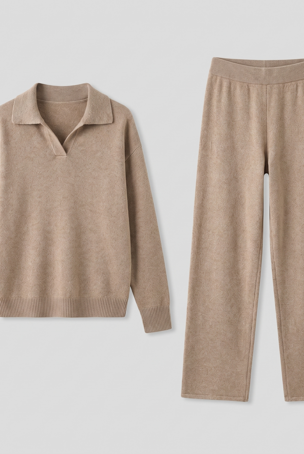 Pamina polo knit set in camel, flat lay product shot