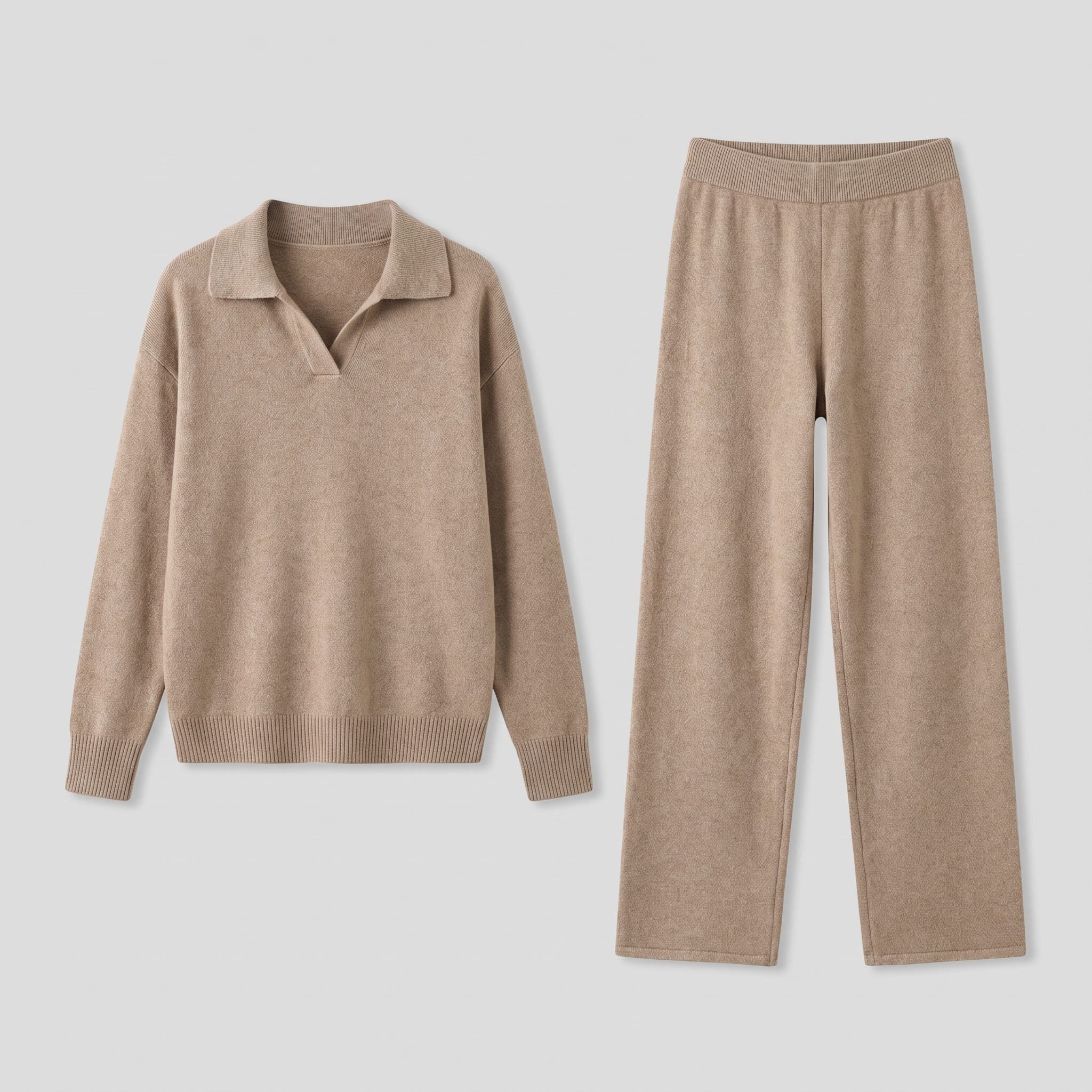 Pamina polo knit set in camel, flat lay product shot