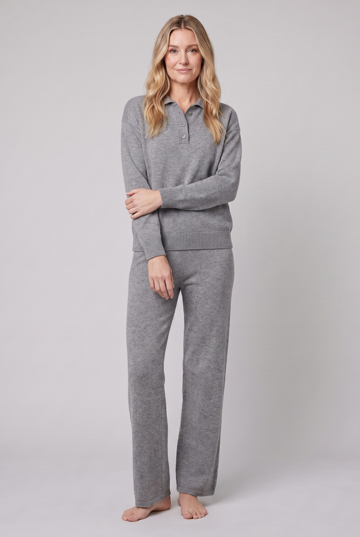 Pamina polo knit sweater and wide-leg trouser set in grey on model