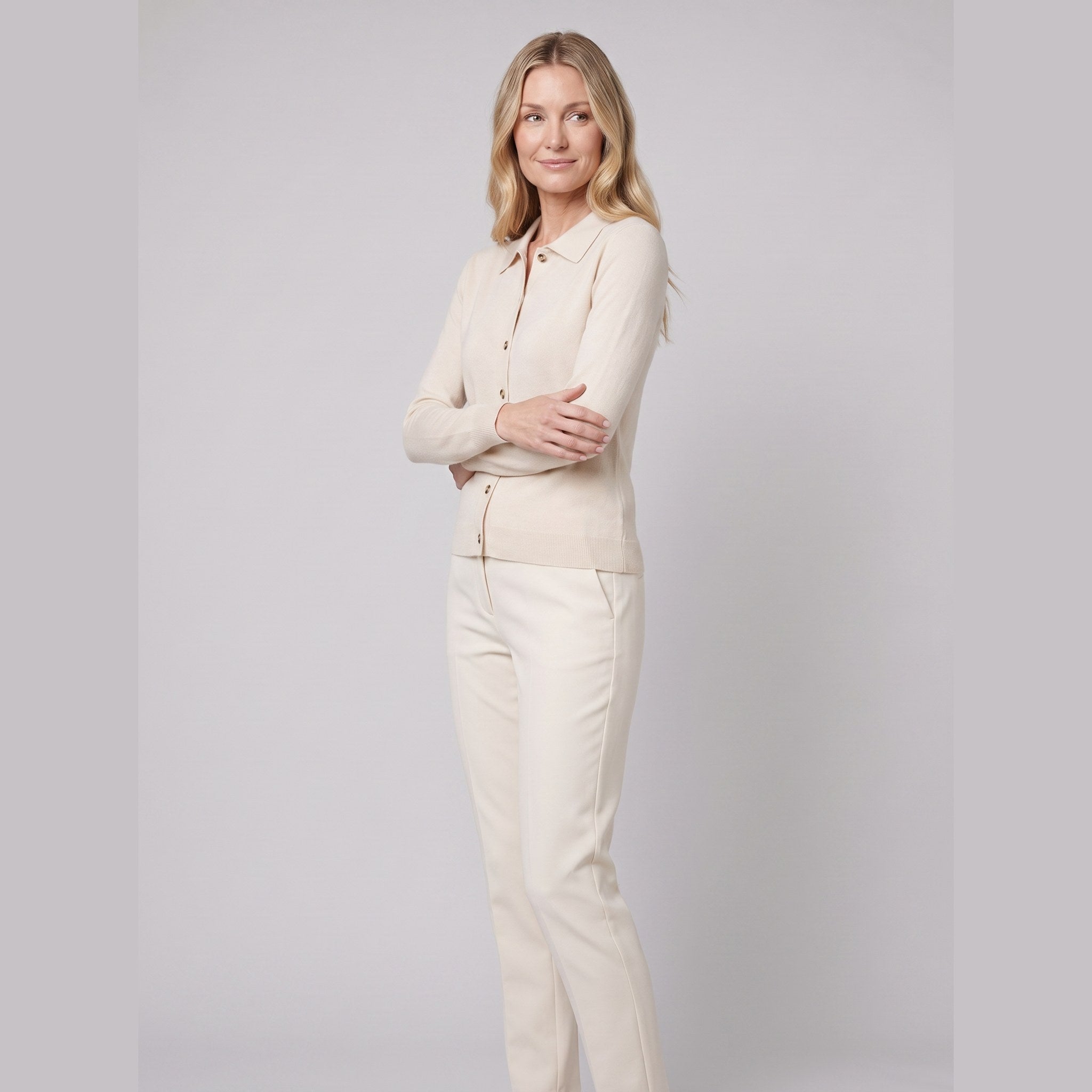 Romy wool-blend button cardigan in cream on model