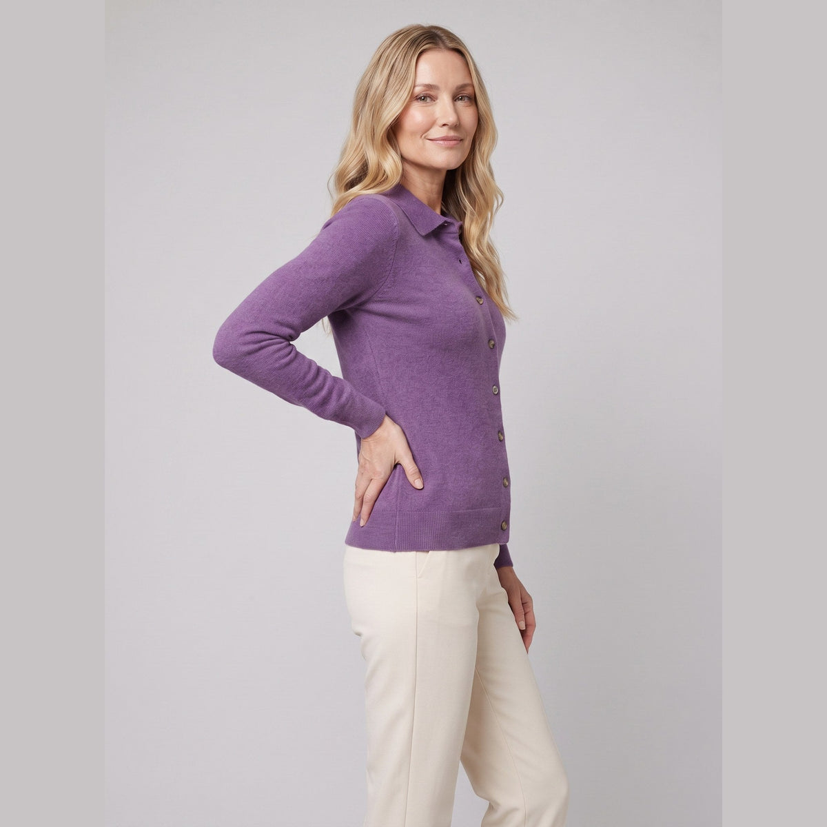Romy wool-blend button cardigan in purple on model