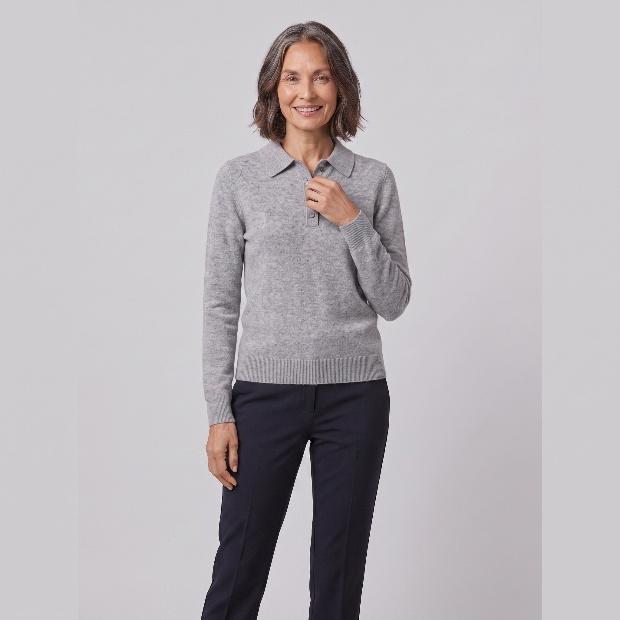 Rosalie knitted polo top in light grey on model