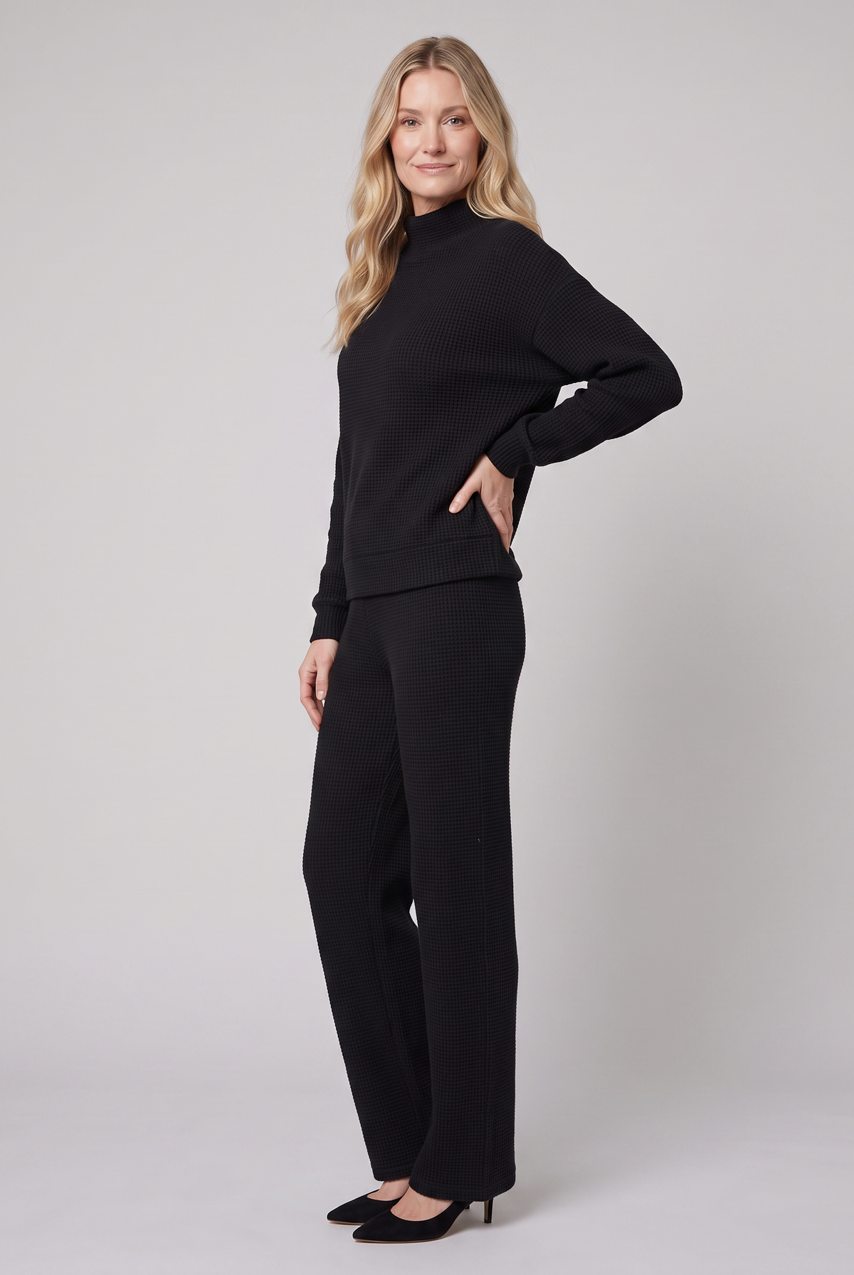 Sana waffle-knit loungewear set in black on model