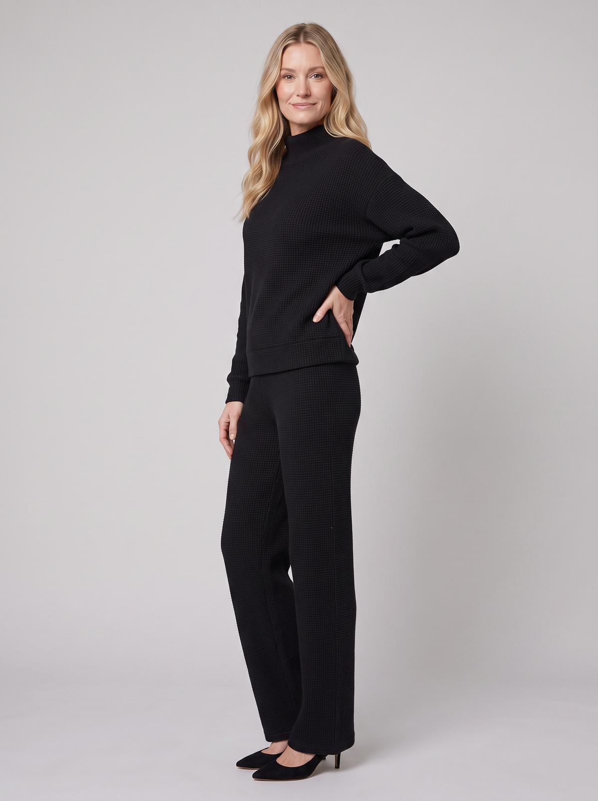 Sana waffle-knit loungewear set in black on model