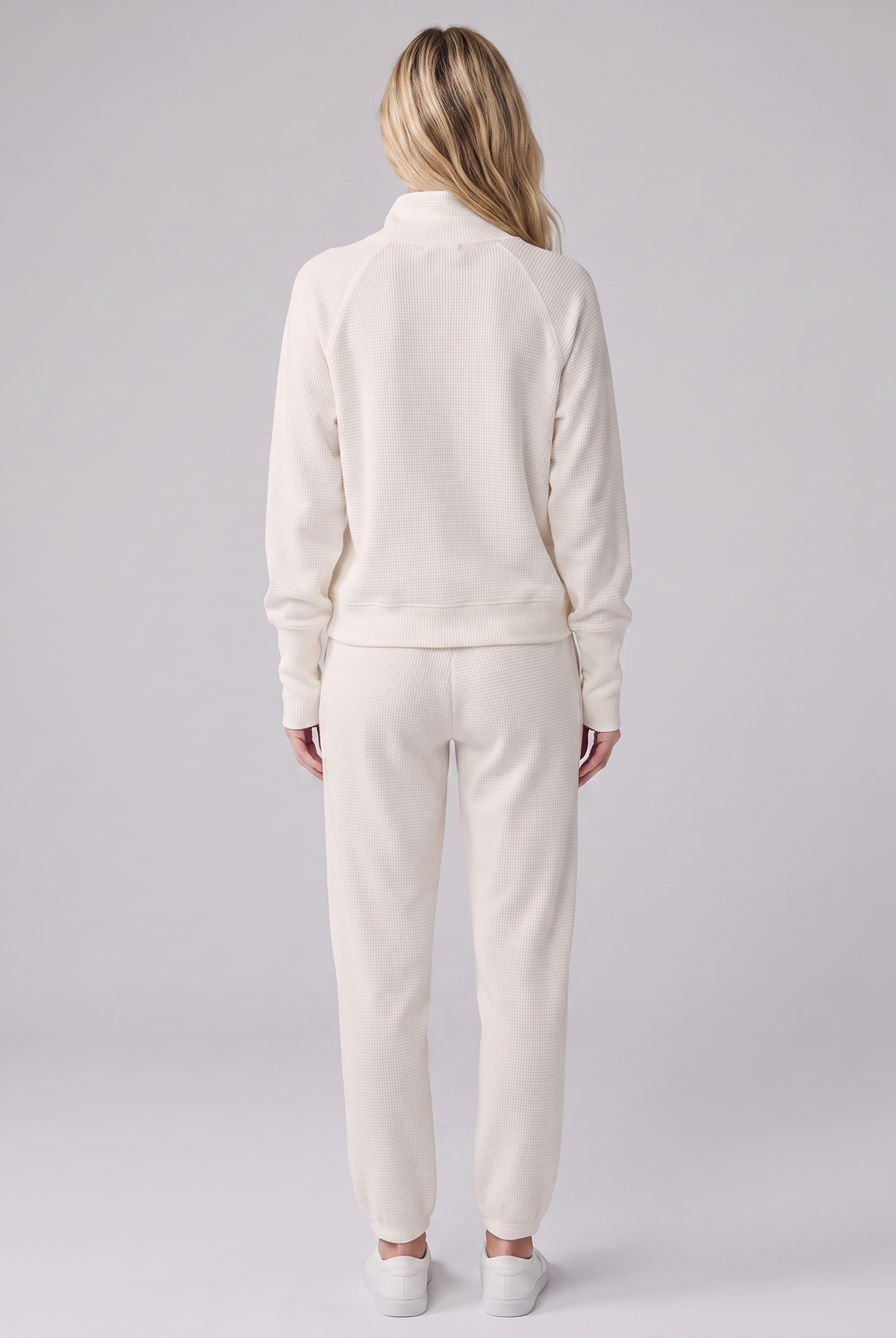 Sana waffle-knit loungewear set in cream, back view on model